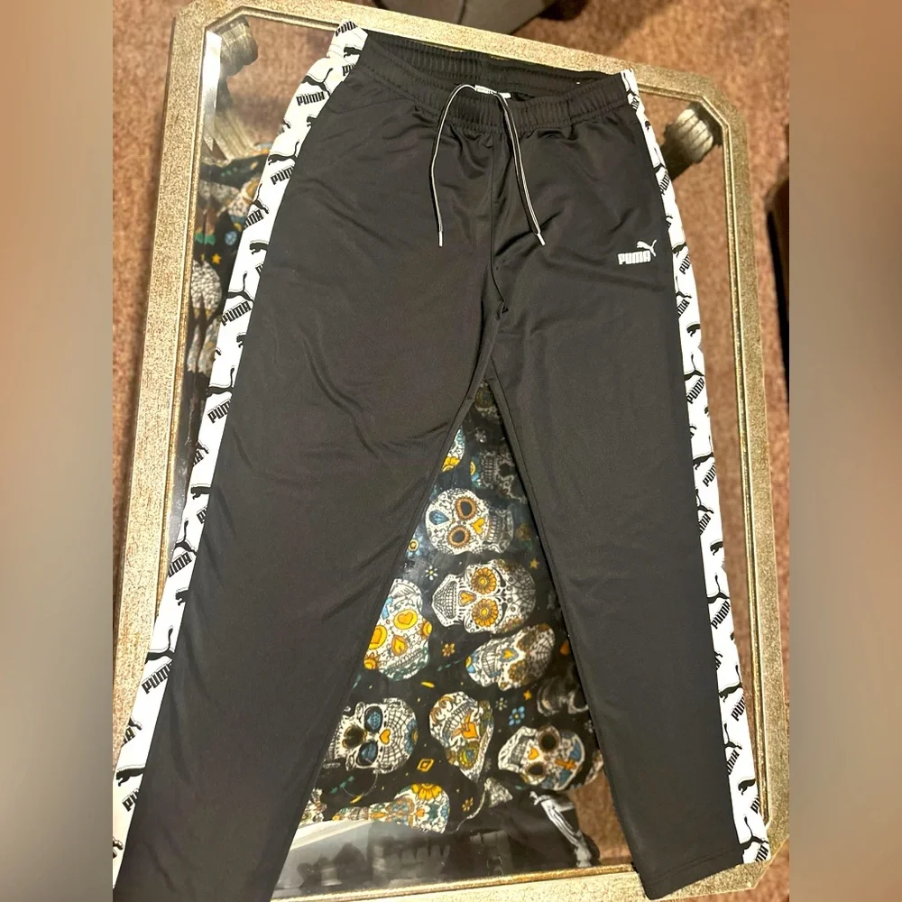 Puma Athletic Silky Black W White Stripe Pants Sweatpants Joggers Varsity 2XL - Picture 2 of 10